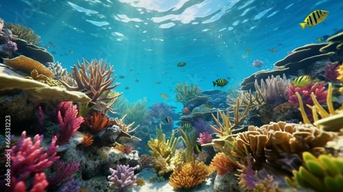 underwater colorful reef with many colorful fishes generative ai
