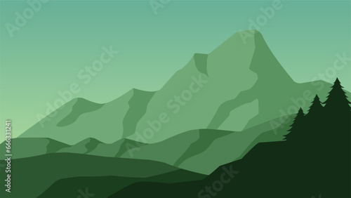 Green mountain landscape vector illustration. Silhouette of mountain range with clear sky. Mountain landscape for background, wallpaper or landing page