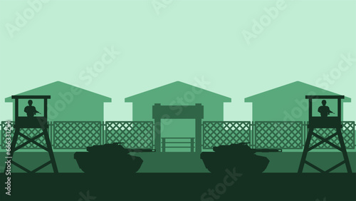 Military base landscape vector illustration. Silhouette of military base gate with guard post and tank. Military landscape for background, wallpaper or landing page