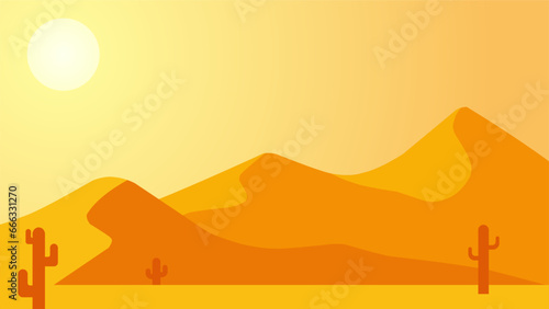 Desert landscape vector illustration. Sand desert landscape with heat sun and cactus. Subtropical desert landscape for background  wallpaper or landing page