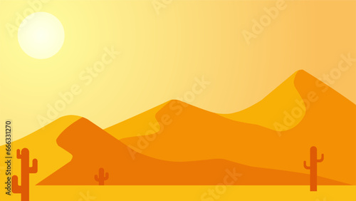 Desert landscape vector illustration. Sand desert landscape with heat sun and cactus. Subtropical desert landscape for background, wallpaper or landing page