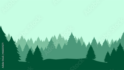 Pine forest landscape vector illustration. Silhouette of coniferous landscape in the green hill. Pine forest landscape for background  wallpaper or landing page