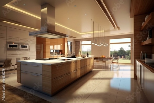 Contemporary lavish kitchen layout with advanced design, rendered in 3D. Generative AI