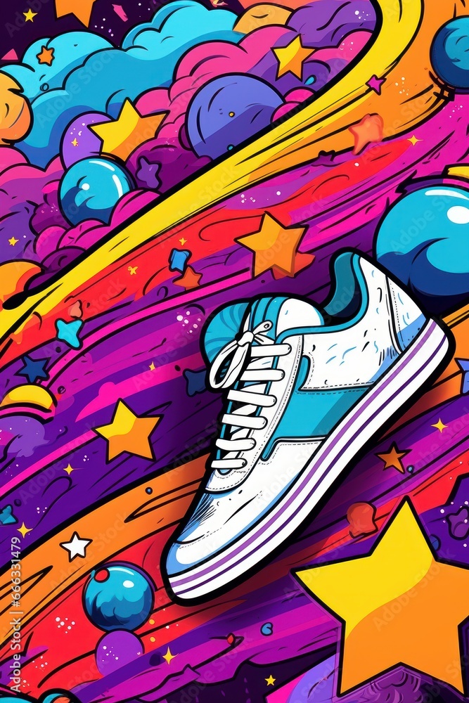 Pop Art Shoes Comic Illustration Retro 90s Style, Running Shoe Street Art Graffiti Pattern, Colorful Abstract Background.
