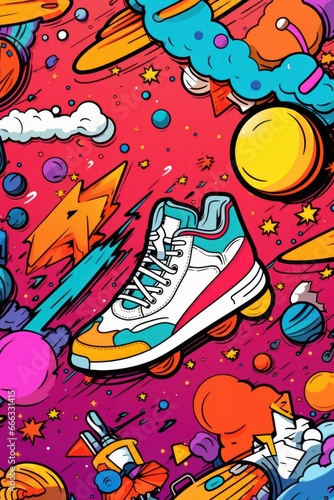 Pop Art Shoes Comic Illustration Retro 90s Style  Running Shoe Street Art Graffiti Pattern  Colorful Abstract Background.
