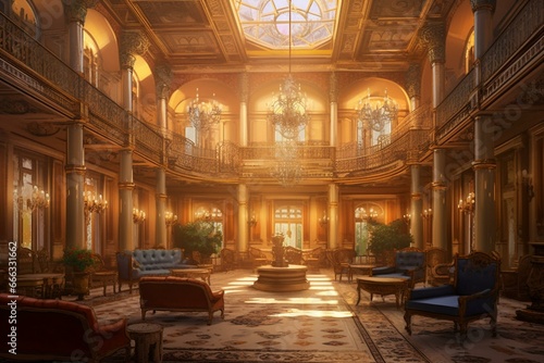 Interior of a grand castle, vacant Victorian hall, opulent hotel lobby, illustrious royal residence illustration. Generative AI
