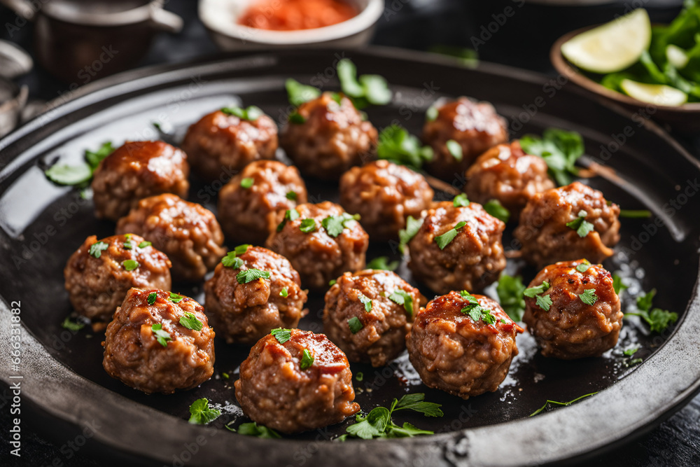 Cooked pork meatballs are drizzled with spicy sauce and ready to serve