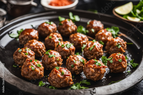 Cooked pork meatballs are drizzled with spicy sauce and ready to serve