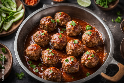 Cooked pork meatballs are drizzled with spicy sauce and ready to serve