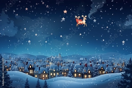 Santa Klaus flying on the city at the night