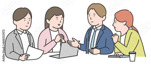 4人で打ち合わせをする男女のイラスト