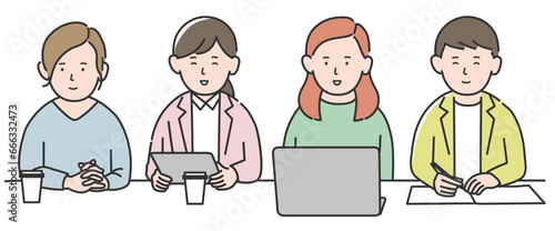 横並びに座る笑顔の若い女性4人のイラスト
