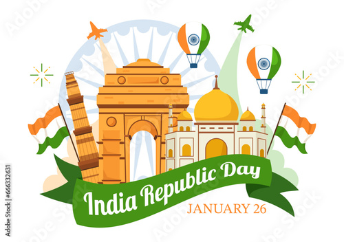Happy India Republic Day Vector Illustration on 26 January with Indian Flag and Gate in Holiday National Celebration Flat Cartoon Background Design