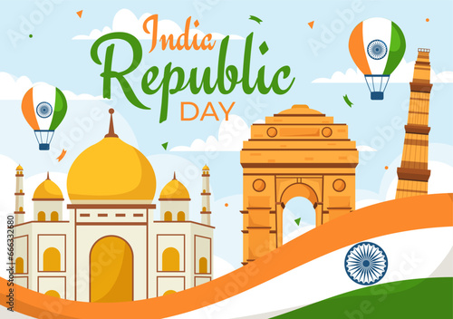 Happy India Republic Day Vector Illustration on 26 January with Indian Flag and Gate in Holiday National Celebration Flat Cartoon Background Design