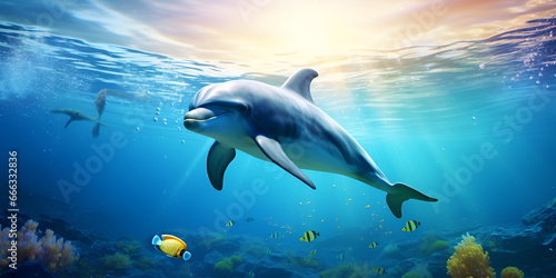 Sunny Serenity: Dolphin in Sea with blue Water background ai generated © Hassan