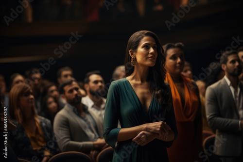 Radiant Woman in Elegant Attire amidst Audience at an Event: