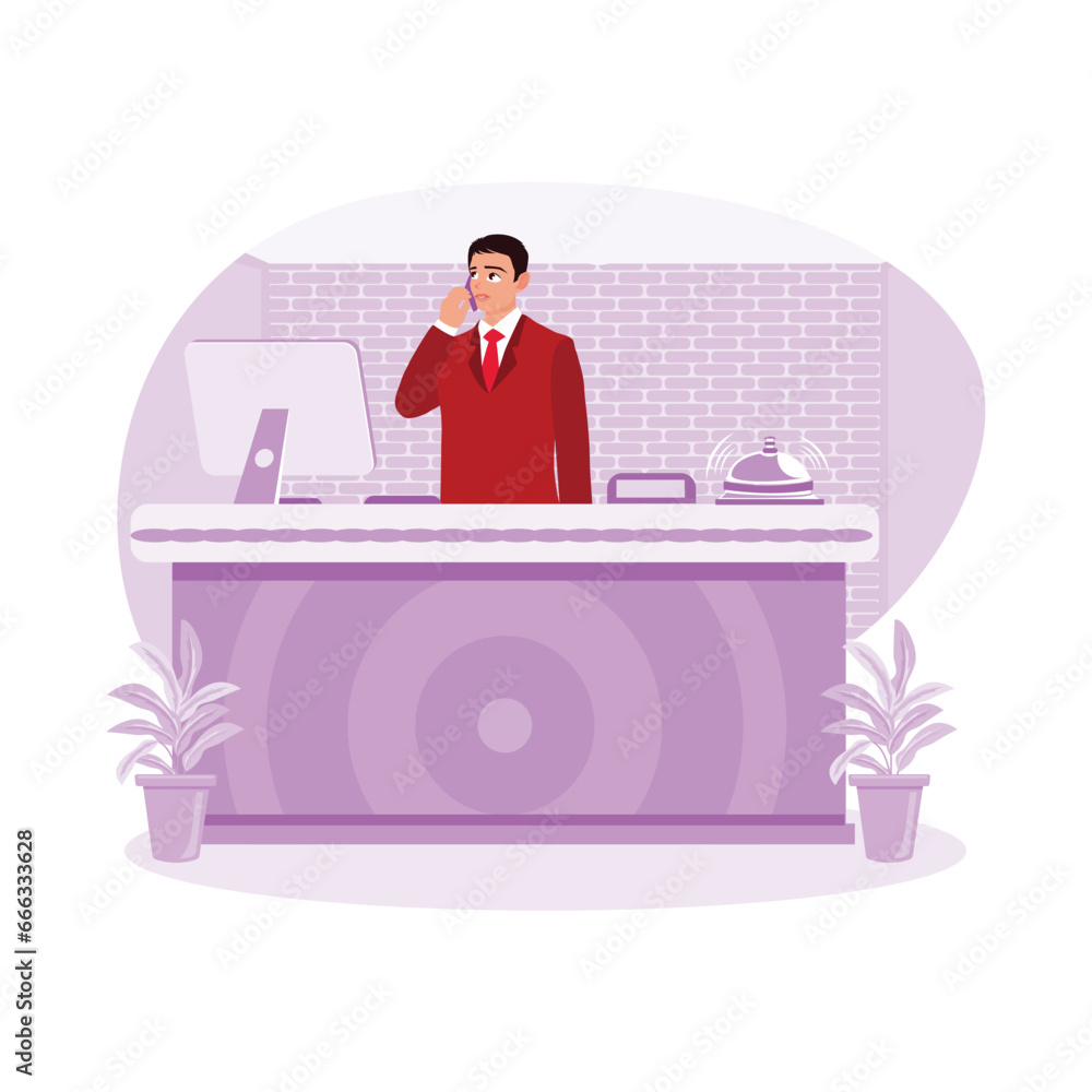The hotel receptionist receives a call from a guest at work. Hotel Receptionist Concept. trend modern vector flat illustration The hotel receptionist receives a call from a guest at work. Hotel Receptionist Concept. trend modern vector flat illustration