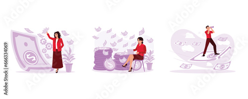 Woman holds a lot of money. Paper money is scattered. Businessman standing on banknotes and earning Money concept. set trend modern vector flat illustration