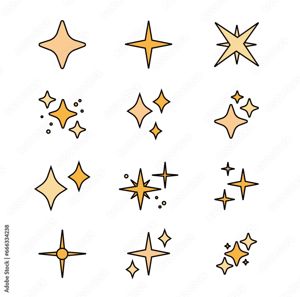 hand drawn retro sparkling stars illustration flat graphic collection CMYK