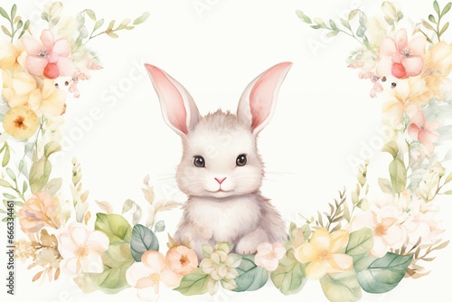 Watercolor Easter frame illustration with botanical spring flowers, gold glitter wreaths, and a cute Easter bunny clipart. Perfect for baby showers or birthday invites. Generative AI