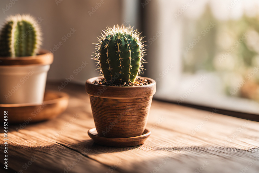 Cacti Thrive in a Pot, Basking in the Warm Embrace of Morning Sunlight Cacti Thrive in a Pot, Basking in the Warm Embrace of Morning Sunlight