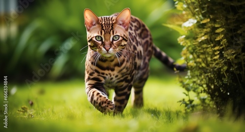 A majestic leopard cat runs through the tall grass, its spotted fur and graceful gait capturing the essence of feline beauty and power.