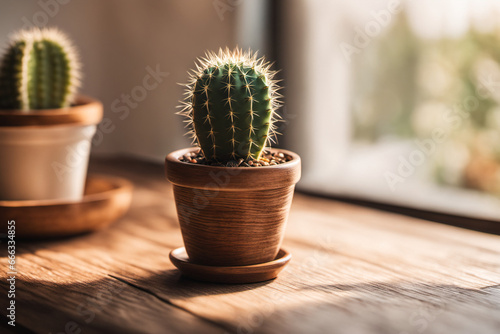 Cacti Thrive in a Pot, Basking in the Warm Embrace of Morning Sunlight