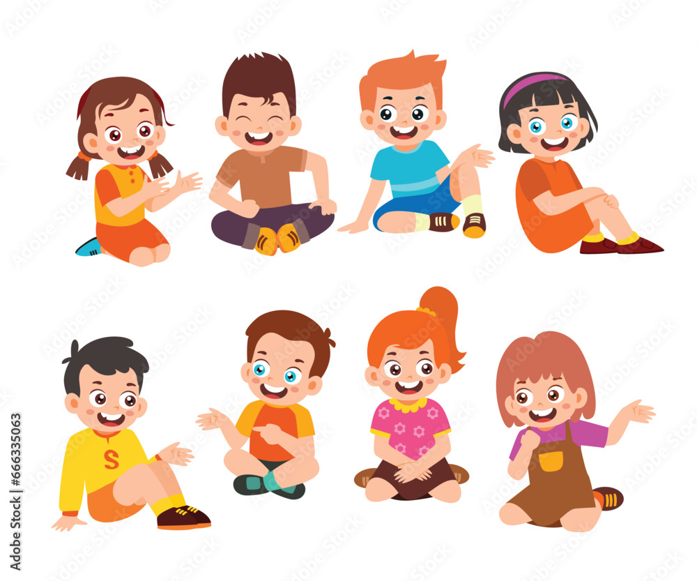 Set of Cute Little Boy Girl Sitting and Talking to Friends. Kid Children with Various Different Poses. Activity Isolated Element Objects. Flat Style Icon Vector Illustration