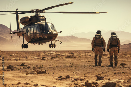 soldiers on a desert battlefield, with helicopters in the background photo