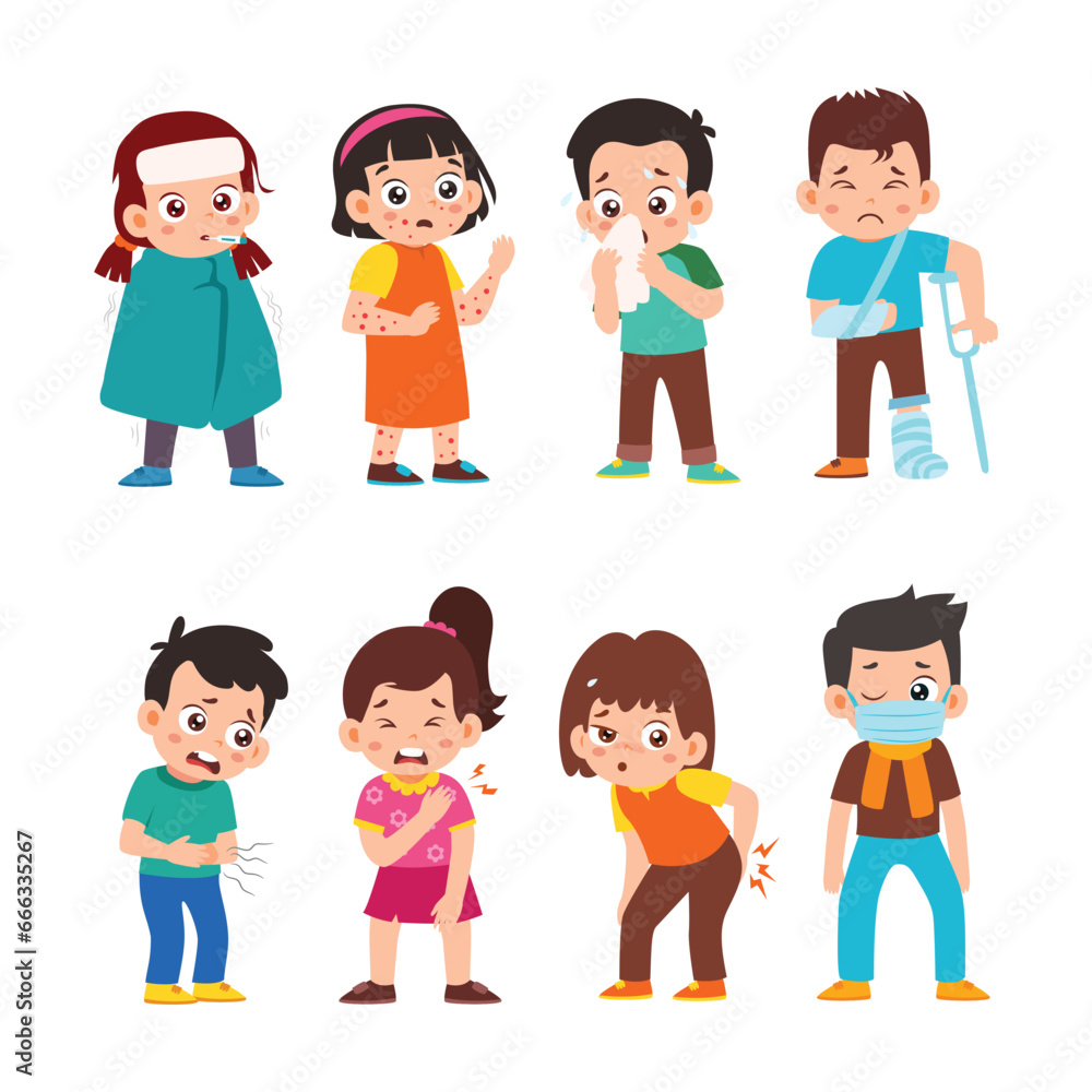 Set of Cute Little Ill Boy Girl Sick Kid Children with Various Different Poses. Activity Isolated Element Objects. Flat Style Icon Vector Illustration