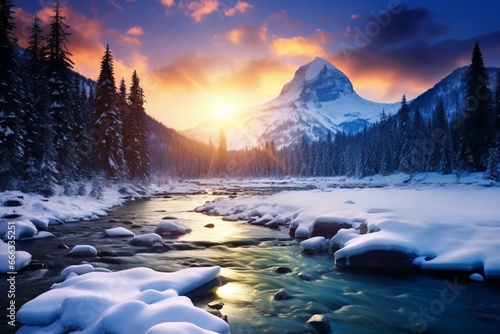 A picturesque winter scene featuring a snowy forest, majestic mountains, and a serene river. Generative AI