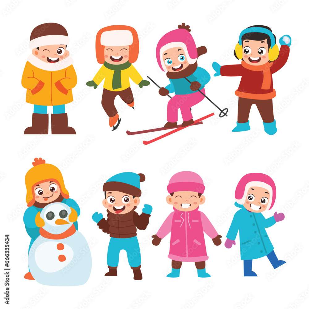 Set of Cute Little Winter Boy Girl Playing Kid Children with Various Different Poses. Activity Isolated Element Objects. Snowman, Ski and Snow ball. Flat Style Icon Vector Illustration Set of Cute Little Winter Boy Girl Playing Kid Children with Various Different Poses. Activity Isolated Element Objects. Snowman, Ski and Snow ball. Flat Style Icon Vector Illustration