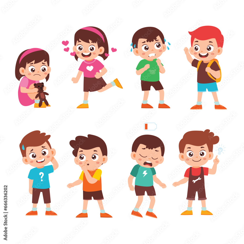 Set of Cute Little Girl Boy Kid Children with Various Different Poses. Activity Isolated Element Objects. Sad, embarrassing, tired, in love, backpack kid. Flat Style Icon Vector Illustration Set of Cute Little Girl Boy Kid Children with Various Different Poses. Activity Isolated Element Objects. Sad, embarrassing, tired, in love, backpack kid. Flat Style Icon Vector Illustration