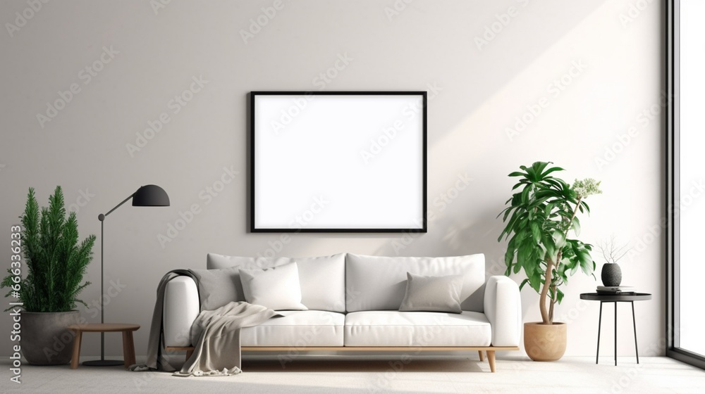 Mockup empty blank poster frame sitting on top of a.Generative AI Mockup empty blank poster frame sitting on top of a.Generative AI