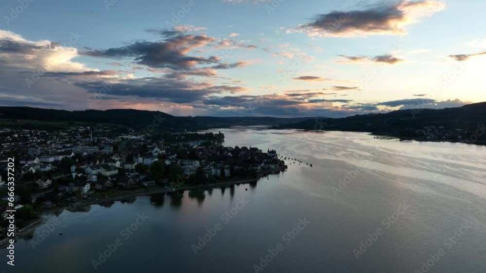 Evening atmosphere with view to Steckborn, drone shot, Lake Constance, Untersee, Berlingen, Thurgau, Switzerland, Europe Evening atmosphere with view to Steckborn, drone shot, Lake Constance, Untersee, Berlingen, Thurgau, Switzerland, Europe