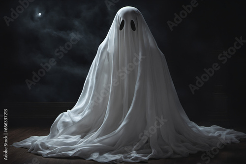 A white-robed ghost floats in the air with smoke floating on it
