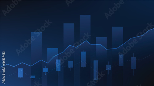 Financial business statistics with bar graph and candlestick chart show stock market price on dark blue background

