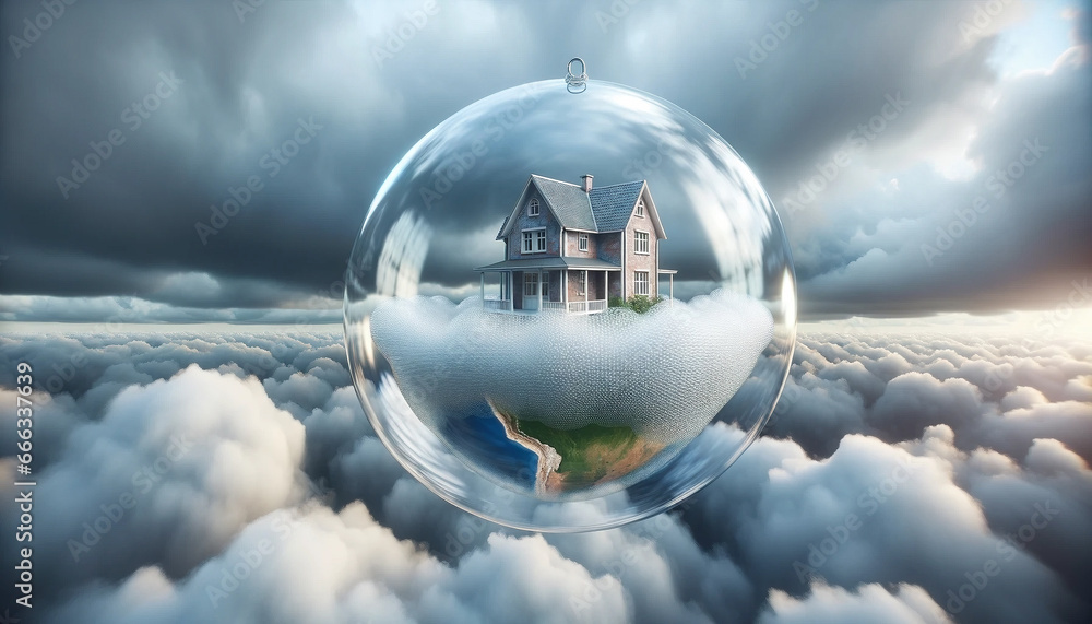 An image of a house suspended in a fragile soap bubble, floating against a cloudy sky - Generative AI An image of a house suspended in a fragile soap bubble, floating against a cloudy sky - Generative AI