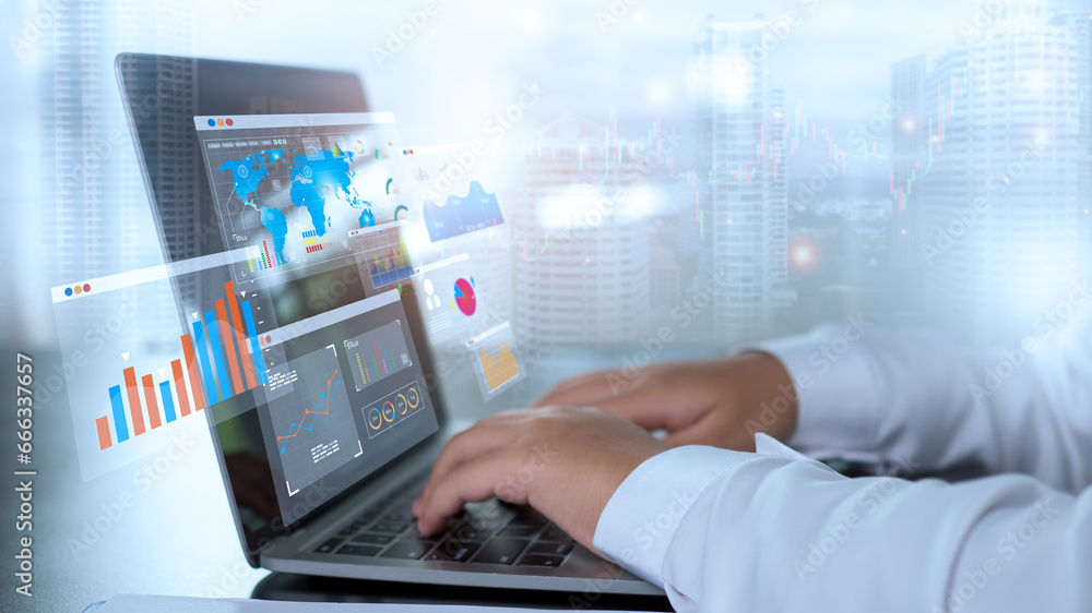 Businessman use computers to analyze business and manage corporate data and analyze business with charts and indicators to improve organizational performance. Businessman use computers to analyze business and manage corporate data and analyze business with charts and indicators to improve organizational performance.