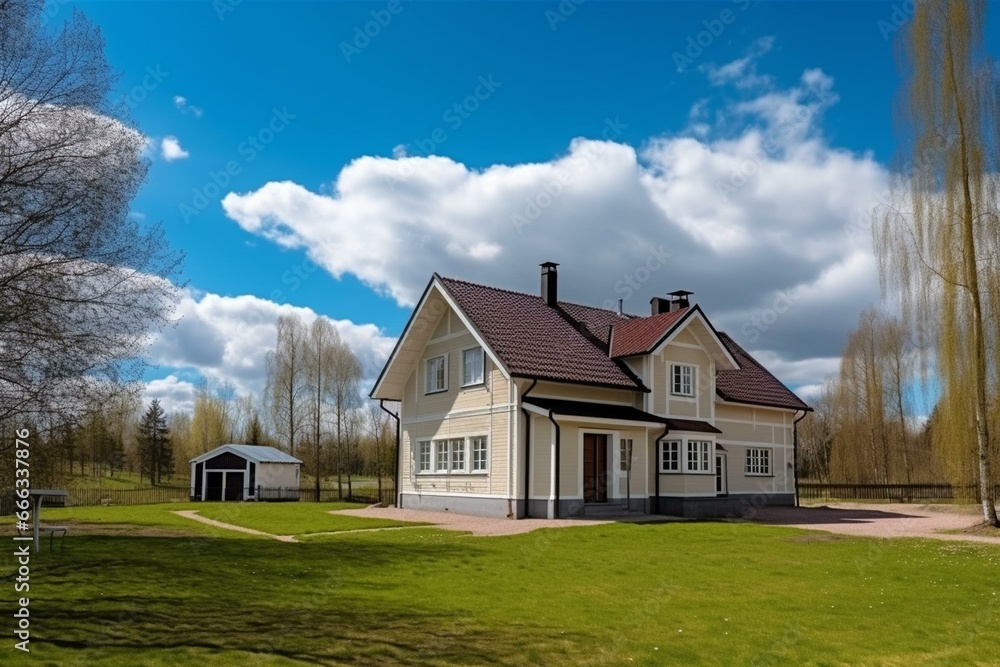 Luxury Scandinavian country house with garden and grass lawn. Generative AI