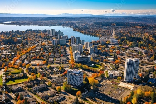 Aerial perspective of Bellevue city in Washington, USA. Generative AI photo