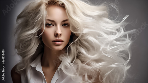 closeup of beautiful young female model woman shaking her beautiful blonde hair hair in motion. White theme on white background .