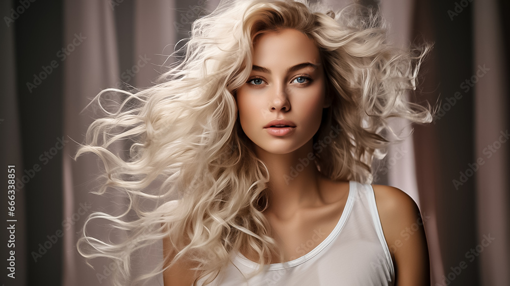 closeup of beautiful young female model woman shaking her beautiful blonde hair hair in motion. White theme on white background . closeup of beautiful young female model woman shaking her beautiful blonde hair hair in motion. White theme on white background .