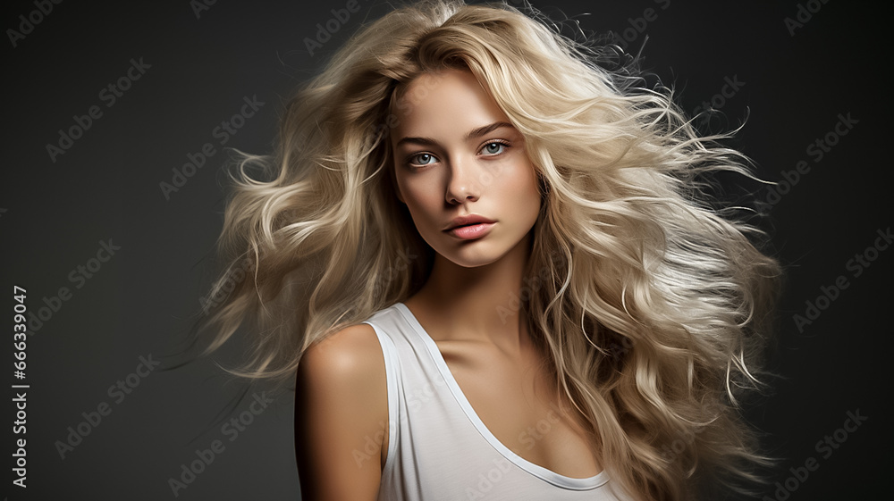 closeup of beautiful young female model woman shaking her beautiful blonde hair  hair in motion. White theme on white background .