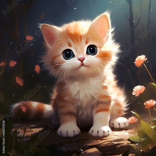 Adorable kitten with sparkling green eyes perched on a rock amidst a sea of vibrant flowers, its playful spirit and innocent demeanor capturing the essence of feline enchantment and whimsy.