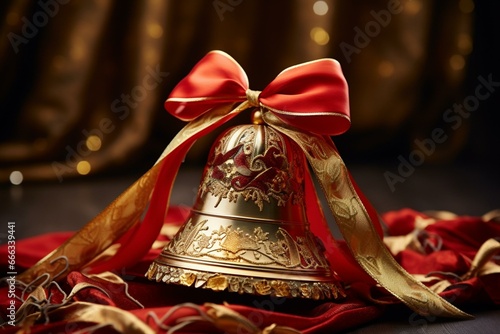 a shiny bell adorned with a vibrant ribbon. Generative AI