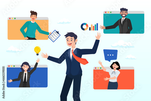 Business people work virtually together collaborate for success, vendor, third party or outsourcing, work with client or colleagues virtually, contractors or supplier, provider or partner (Vector)