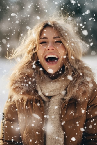 Happy woman in fur jacket enjoying snowfall at vacation © Good AI