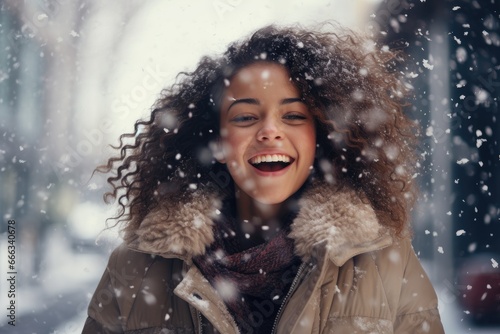 Happy woman in fur jacket enjoying snowfall at vacation