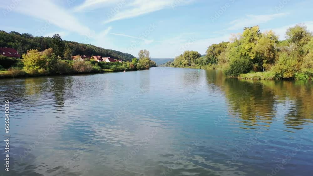 Drone video of Hafenlohr with flight over the Main river. Hafenlohr, Lower Franconia, Bavaria, Germany, Europe Drone video of Hafenlohr with flight over the Main river. Hafenlohr, Lower Franconia, Bavaria, Germany, Europe